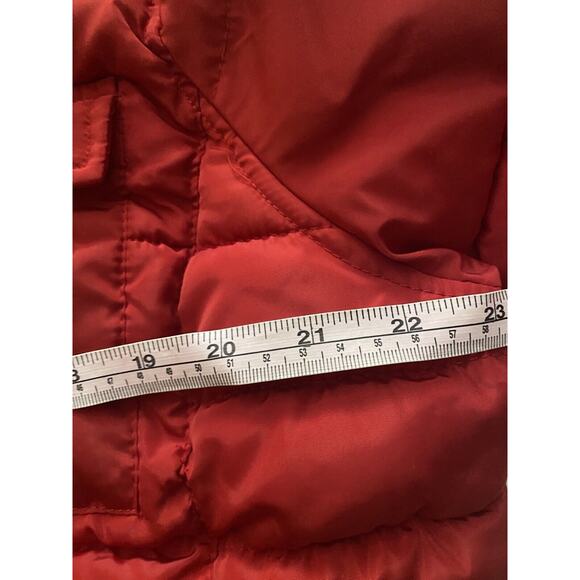 BEBE Red Hooded Puffer Jacket Coat Women L Faux Fur Short Rhinestone - Picture 6 of 16
